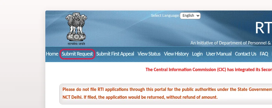 The RTI Online menu with "Submit Request" outlined in red
