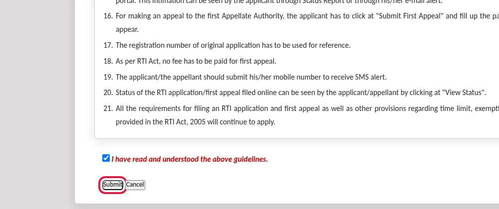 The end of the RTI Online guidelines, with the "I have read and understood" box ticked and the Submit button outlined