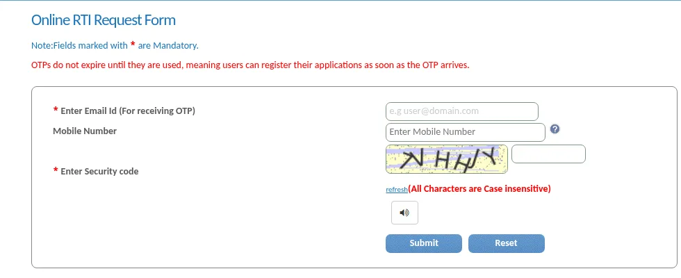 The Online RTI Request Form asking for an email address for the OTP, a mobile number and a security code